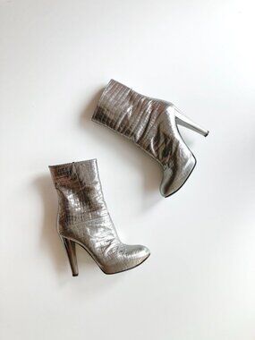 CASADEI Silver Croc-Embossed Leather Mid Calf Platform Mid Calf Boots, Size 6